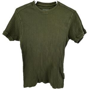 Vintage Ferruche T-Shirt 90s Ribbed Skater Knit Crew Neck Stretch Green Small